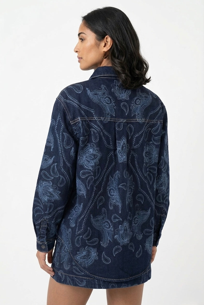 Camicia in Denim Oversize con Ricamo Paisley Laserato