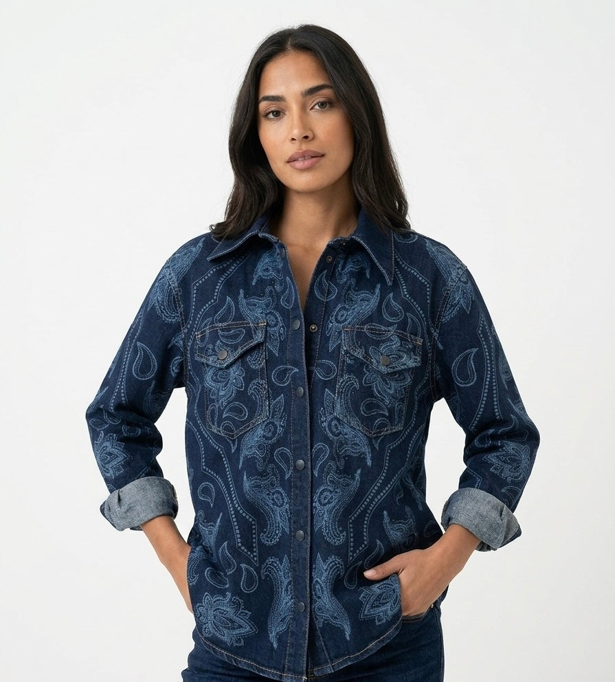 Camicia in Denim Oversize con Ricamo Paisley Laserato